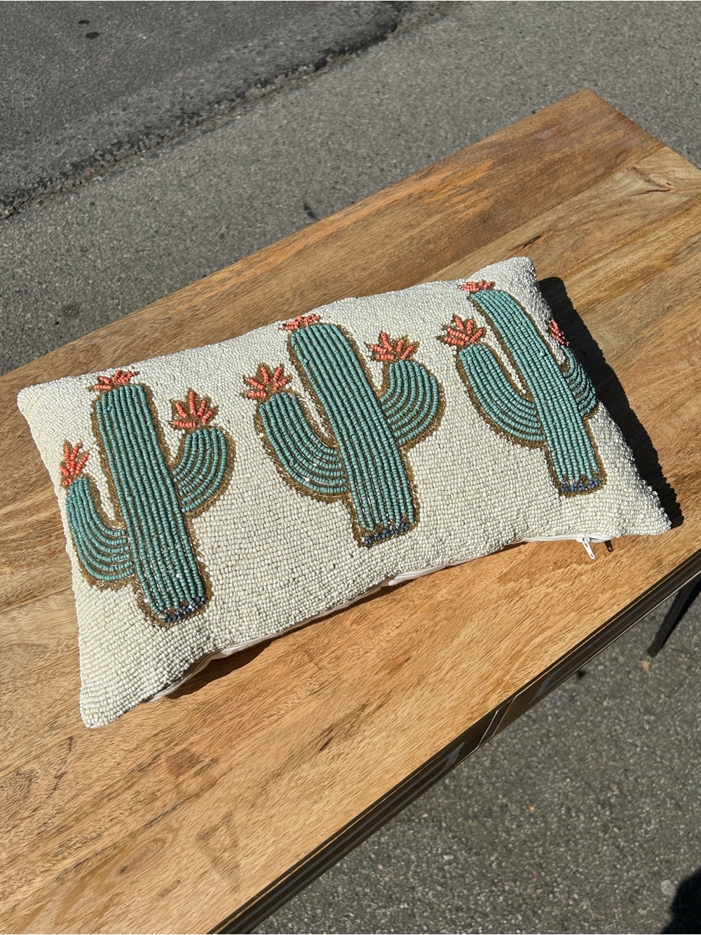 Hand-Beaded Cactus Lumbar Pillow - Cream & Teal